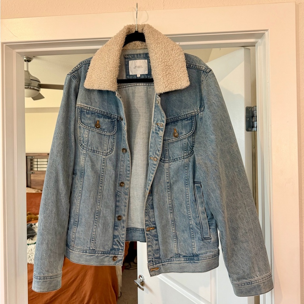 Saturdays NYC Sherpa Collar Denim Trucker Jacket (Large)